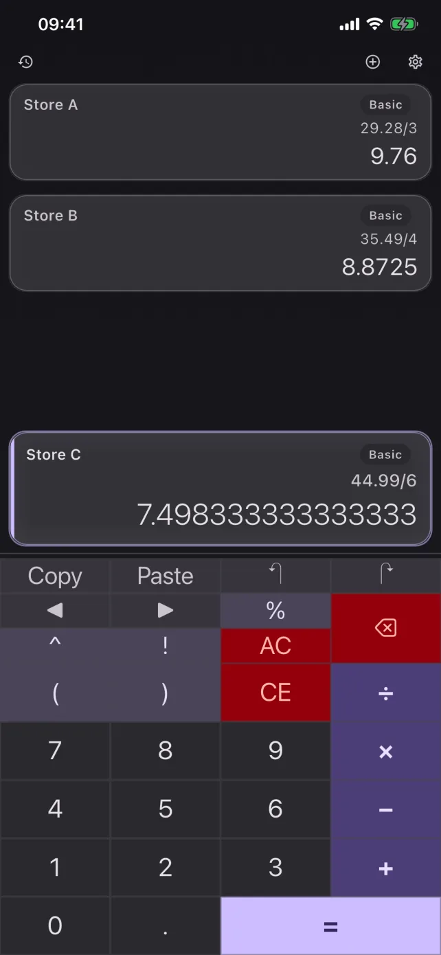 CalcBoard basic calculator on iPhone in the dark Lavender theme with edge-to-edge buttons