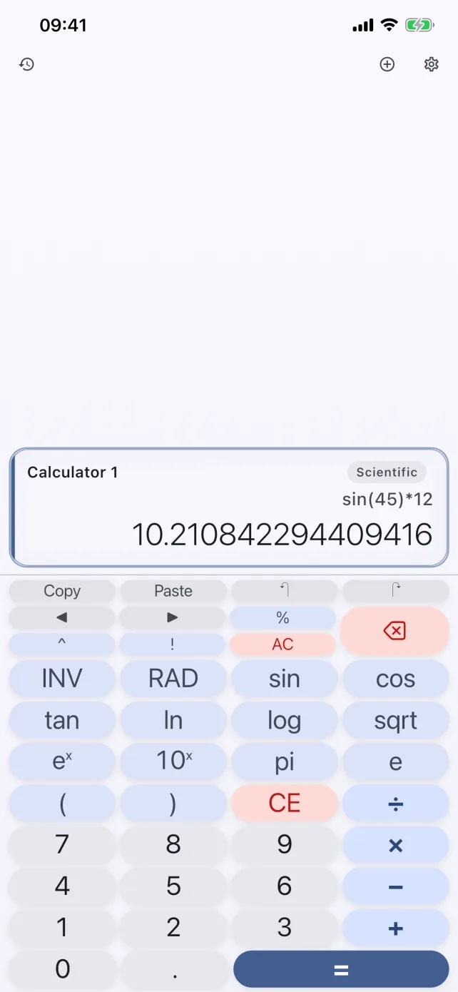 CalcBoard scientific calculator mode on iPhone showing sin, cos, tan, ln, and log keys in the light CalcBoard Blue theme
