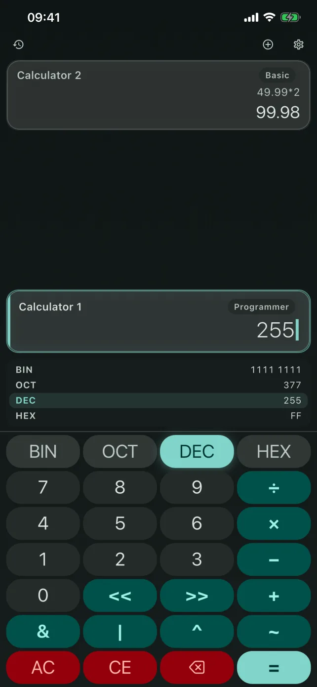CalcBoard programmer calculator on iPhone displaying a value in binary, octal, decimal, and hexadecimal simultaneously
