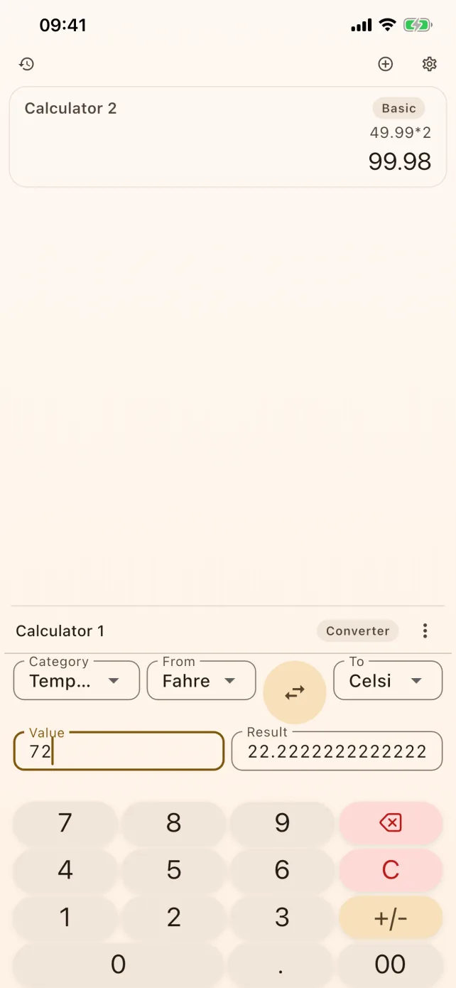 CalcBoard unit converter on iPhone converting temperature in the light Amber theme