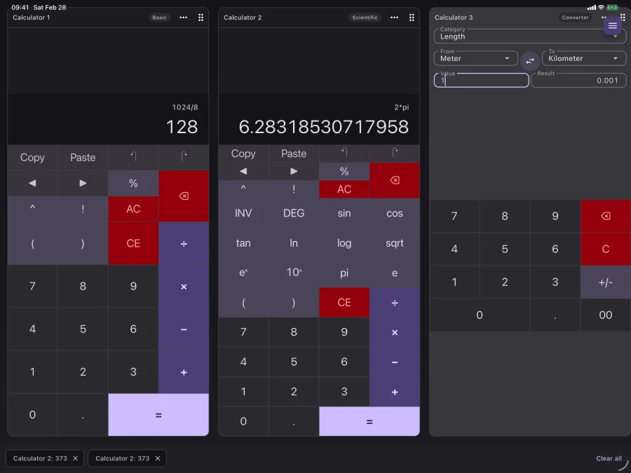 CalcBoard on iPad running multiple calculator panels in a landscape grid layout